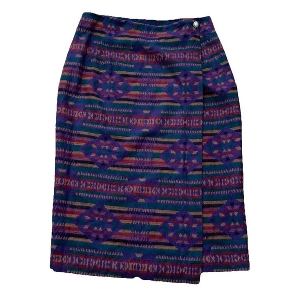 Vintage Aztec Tribal Midi Wrap Skirt Wool Blend Large Blanket Skirt Western - Picture 1 of 12